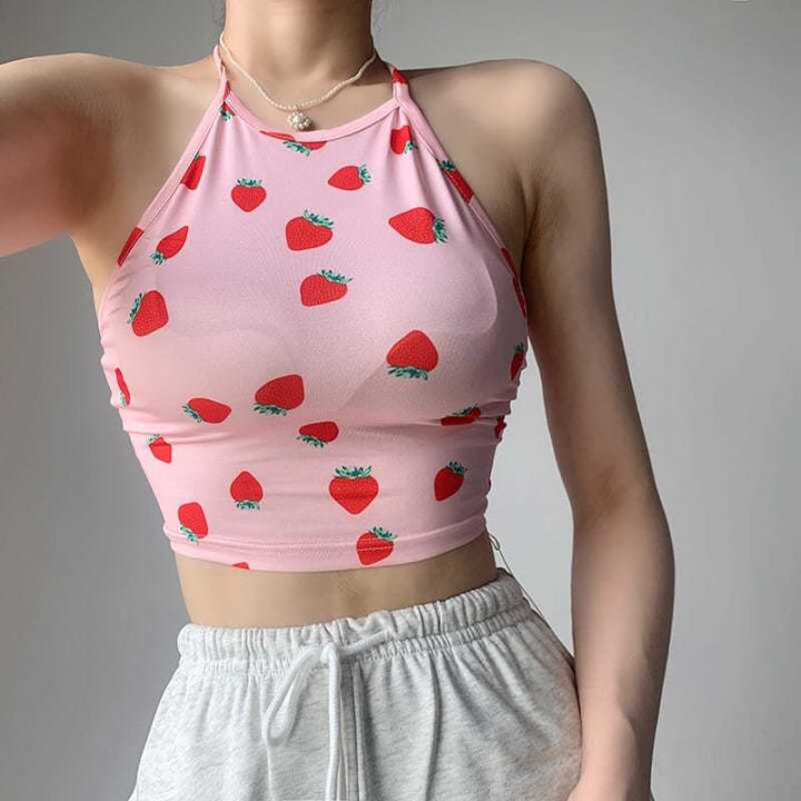 huilun-เสื้อกล้ามคล้องคอพิมพ์ลายสตรอเบอร์รี่สำหรับผู้หญิงเซ็กซี่ไม่มีแขนเปิดหลังเสื้อกล้ามแบบผอมฤดูร้อน