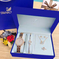 S-warovski watch necklace bracelet ring earrings five-piece set New สีรสโกลด์ Golden