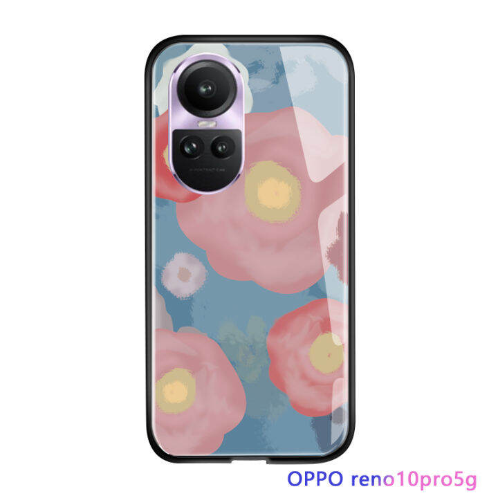 ปากกาจับสำหรับ-oppo-reno10-pro-5g-หรูหรา-ins-เคสมันวาวดอกไม้ญี่ปุ่นและเกาหลีกระจกเทมเปอร์ปลอกเคสประกบหลังแบบแข็ง