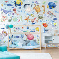 Cartoon Marine Life Wall Stickers for Kids rooms Bathroom Wall Decor Shark Jellyfish Sea Animals DIY Wall Decals for Home Decor Stickers