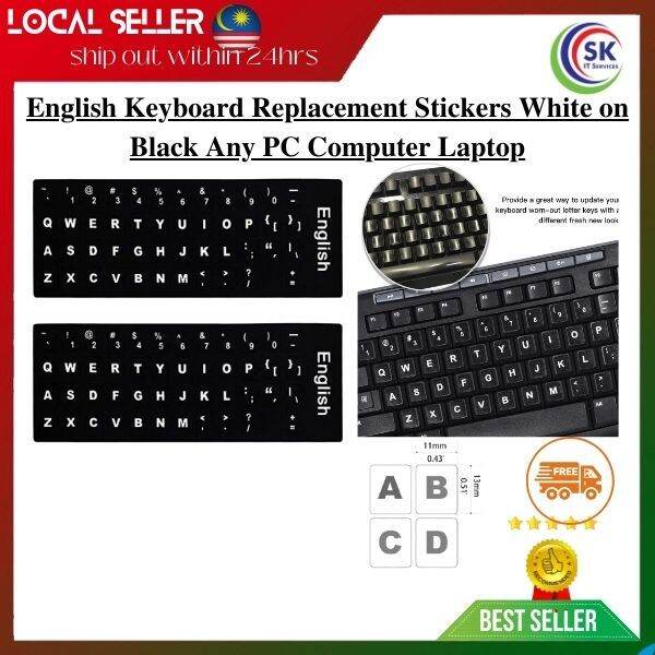 English Keyboard Replacement Stickers White on Black Any PC Computer