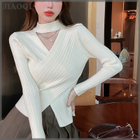 JIAOQI เสื้อสเวตเตอร์ถักแบบสวมหัวแขนยาวสำหรับผู้หญิงลายขวางแบบเรียบง่ายลำลอง