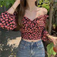 DEMQ-Women Elegant Floral Printed Blouses, Off Shoulder Long Sleeve Wrap Short Shirts Top