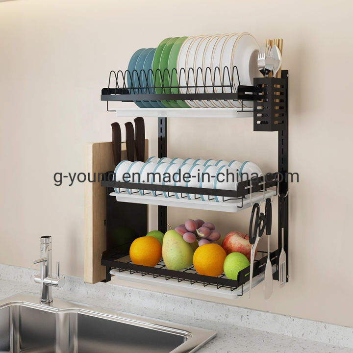 junyuan Kitchen Dish Rack,Hanging Silverware Dish Drying Rack Organizer Storage Shelf Over The Sink,2 Tier Wall Mount Bowl Holder with Drain Tray