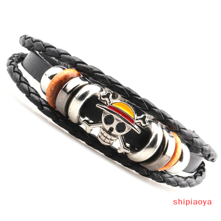 shipiaoya-สร้อยข้อมือโจรสลัดผู้ชายผู้หญิงพังค์สีดำกำไลสร้อยเปียหนังอะนิเมะ