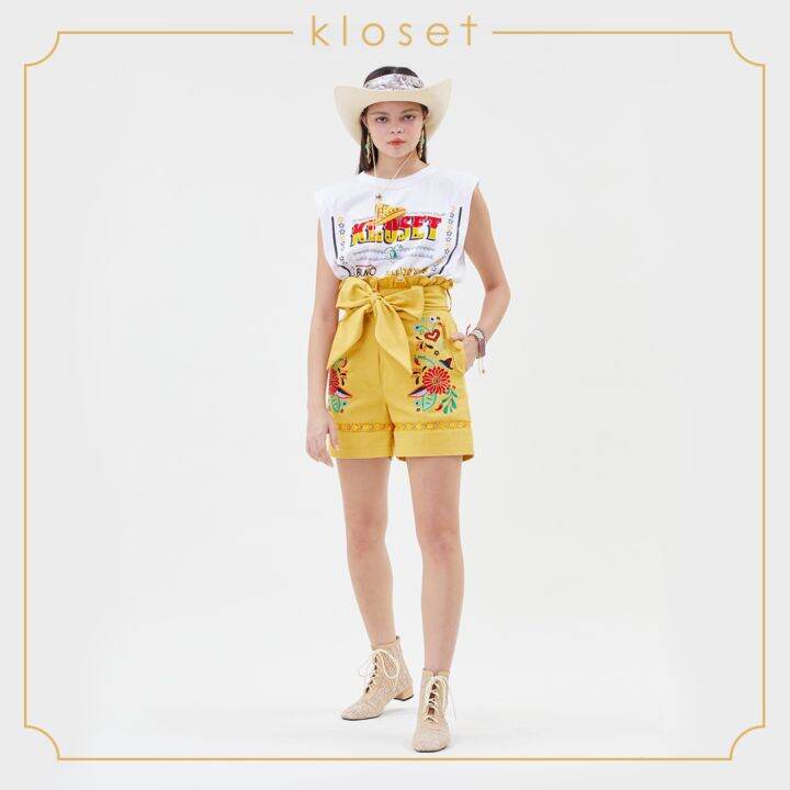 kloset-marigold-bow-front-tie-shorts-rs21-p004-กางเกงแฟชั่น-กางเกงขาสั้น-กางเกงแต่งดีเทลปัก-เสื้อผ้าแฟชั่น