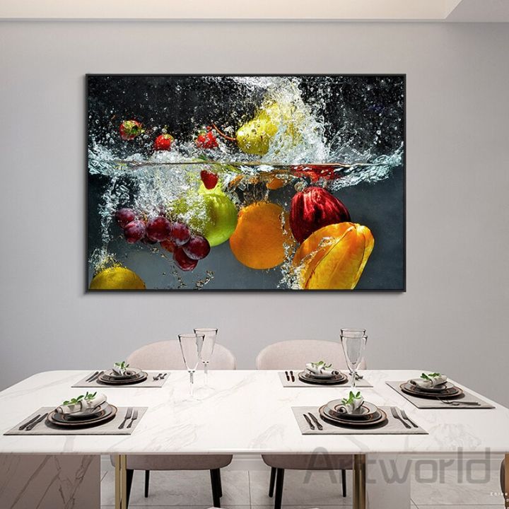 ผลไม้และผักสดในน้ำภาพวาดผ้าใบ-wall-art-โปสเตอร์พิมพ์ห้องครัวตกแต่งบ้าน