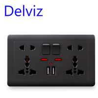 Delviz EU Standard Usb Socket, Gray Embedded Panel,2.1A Dual USB Port, AC 110-250V, UK Wall Power Socket Universal 5 Hole Outlets