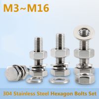 20 1PCS 304 Stainless Steel Hex Head Screws Nuts Flat Washers Lock Washers Kits Hexagon Bolts Set M3 M4 M5 M6 M8 M10 M12 M14 M16