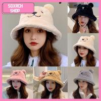 SQXRCH SHOP หูหมีน่ารัก หนาขึ้น ฤดูหนาวฤดูใบไม้ร่วงฤดูหนาว หมวกอ่างน้ำ หมวกชาวประมงหมวก หมวกถังขนสัตว์ ตุ๊กตาผ้านุ่ม