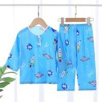 Summer childrens cotton silk pajamas boys thin air-conditioned clothes little boys middle and large children baby long-sleeved suits