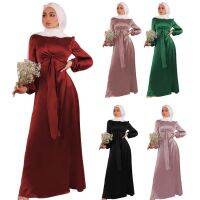 Frauen Kleidung Abaya Kleider Muslimischen ชุดเสื้อสวมหัว Rundhals Langarm Einfarbig Gürtel Lose Beiläufiger Frühling