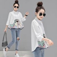 Women White Blouses Casual Embroidery 34 Sleeve Loose Shirt Women Big Size Clothing