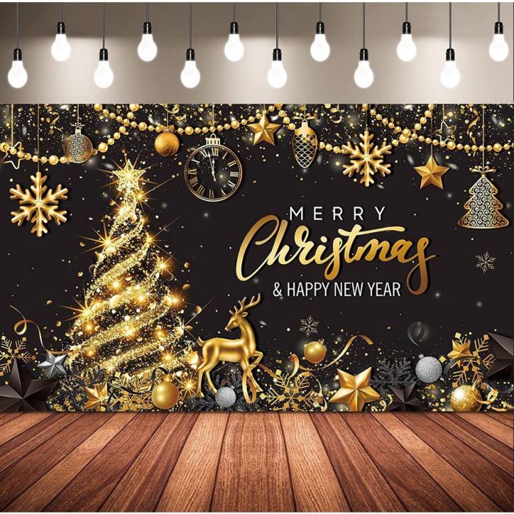 7x5ft Merry Christmas Party Backdrop Christmas Black Gold Banner ...