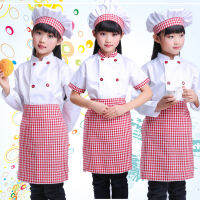 2022 Childrens Day Carnival Party Wear Kids Chef Uniform Shirt Apron with Cap Food Service Plaid Halloween Fancy Clothing