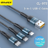 Awei CL-972สายสายเคเบิลข้อมูลสายชาร์จเร็วแบบ3 In 1,ทนทานมากขึ้นอินเตอร์เฟซ TYPE-C 120W ความยาวสายชาร์จเร็ว1.2เมตร