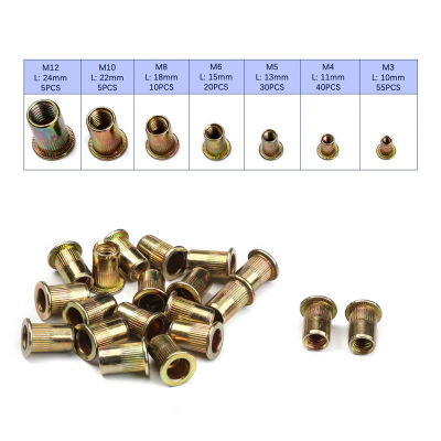 165PCS M345681012 Zinc Plated Carbon Steel Knurled Nuts Rivnut Flat Head Threaded Rivet Insert Nutsert Cap Rivet Nut