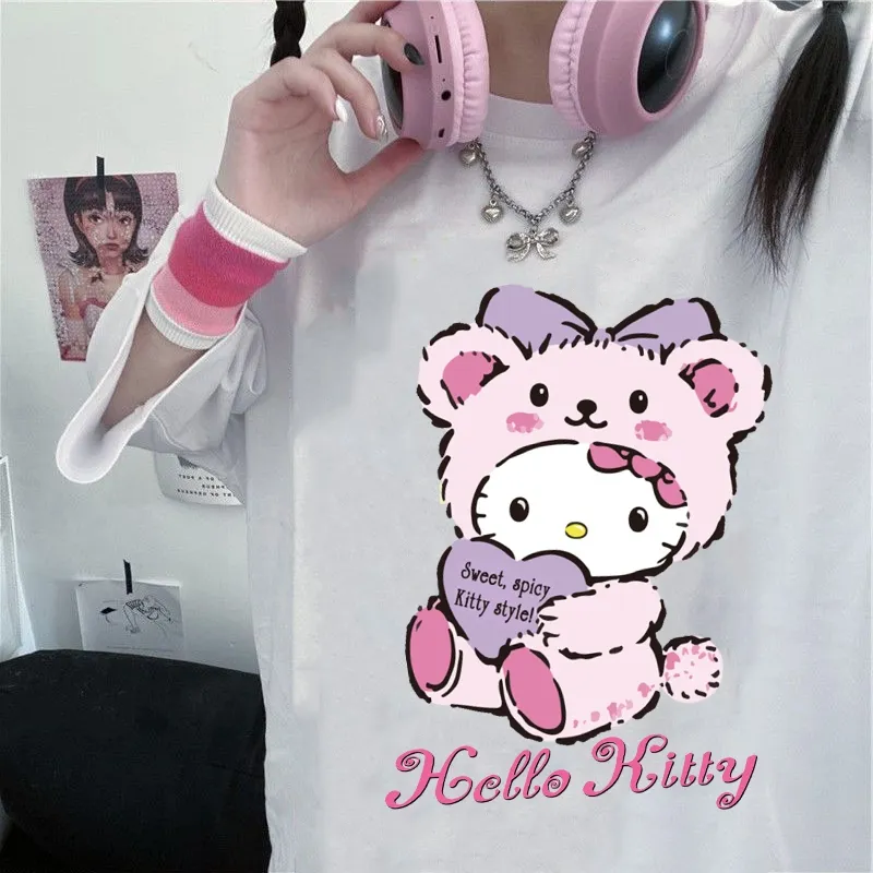 y2k Cartoon kuromi Streetwear Japanese Harajuku Hello Kitty Kawaii Casual  Tops Ulzzang Vintage Loose New T-shirt Female Summer