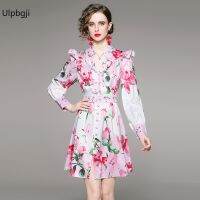 Fashion Retro V-neck Cardigan Single Row Multi-Buckle Printed Dress