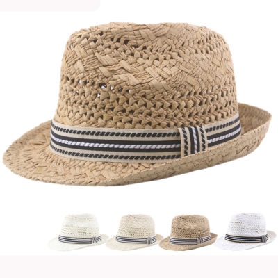 HT3137 Summer Sun Hat Men Women Crochet Straw Hat RetroTrilby Jazz Fedora Hat Unisex Breathable Beach Cap Male Female Beach Hat