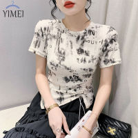 YIMEI เสื้อยืดเสื้อเอวลอยเด็กผู้หญิง,เสื้อยืดแขนสั้นคอกลมพิมพ์ลายตัวอักษรมีเชือกรูดผ่าข้างแบบเข้ารูปพอดี2023ฤดูร้อน