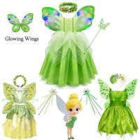 Tinker Bell Princess Halloween Cosplay Girls Party Green Flower Fairy TinkerBell Dress Elf Costume Glitter Butterfly Wings Set