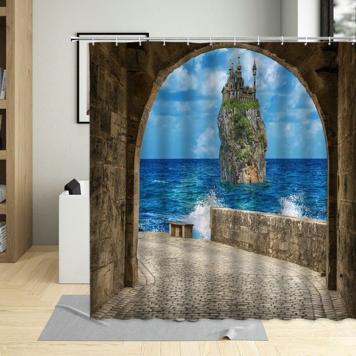 shower-curtain-architectural-feature-red-brick-white-stone-bricked-up-arched-door-gothic-scenery-decor-bathroom-curtains-set