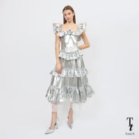 TandT - SISSY Dress - METALLIC FOIL LACE TRIMMED LAYERED RUFFLE MIDI DRESS  เดรสยาวเข้ารูปกระโปรงบาน ตกแต่งรูดระบาย แขนระบายตกแต่งโบว์กุหลาบกลางอก ผ้าฟรอยด์สีเงิน