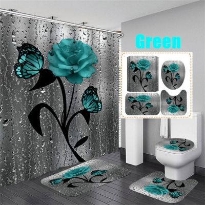 3D Rose Butterfly Bathroom Non-slip Mat Set Waterproof Print Shower Curtain Toilet Lid Cover Bath Mat Rugs Set