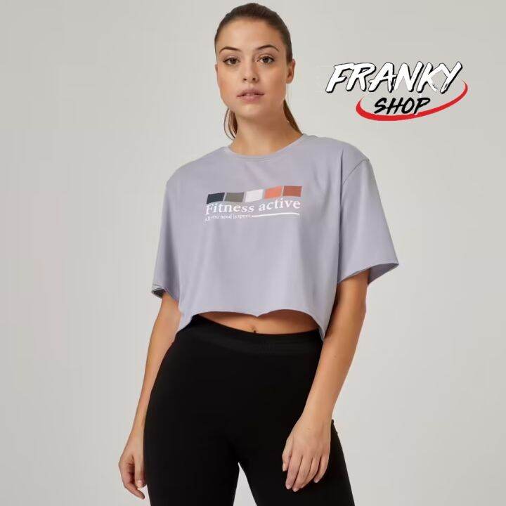 พร้อมส่ง-เสื้อยืดเอวลอย-womens-short-sleeved-straight-cut-crew-neck-cotton-fitness-cropped-t-shirt-520