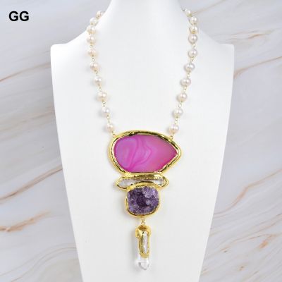 GuaiGuai Jewelry White Pearl Rosary Chain Necklace Red Rose Agate Slice Amethyst Quartz Point Pendant 20