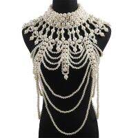 Women Imitation Pearl Beaded Body Chain Shawl Handmade Jewelry Bib Necklace Collar Vintage Luxurious Layered Costume