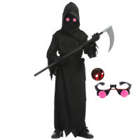 Grim Reaper Costumes Terror Luminous Eyes Death Hook Sickle Boys Cosplay Anime Children Halloween Costume for Kids Carnival Prop