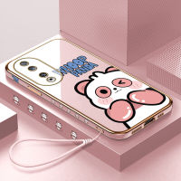 GGK เคสสำหรับ Honor 90 5G 90 Lite 5G เคสโทรศัพท์นิ่มลายขอบสี่เหลี่ยมแพนด้าการ์ตูนน่ารักฟรีสายคล้องชุบหรูหราเคสโทรศัพท์เด็กผู้หญิง