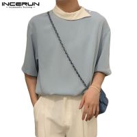 ♨ Incerun เสื้อโปโล คอปก กระดุม แขนสั้น สีตัดกัน ดีไซน์ยอดนิยม เสื้อยืด