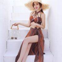 3PCS Set Lady Beach Bathing Suit Bikini Split Type Stripe Swimwear Swimsuit