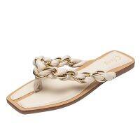 Hot sell SAVANAH New Women Slipper Weave Chain Flip Flops Female Square Toe Matching Pinch Flat Bottom Beach Female Sandal Summer Sandals