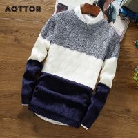 【YD】 Sweater Cashmere Thick Warm Pullovers Men O Neck Sleeve Color Block Patchwork Knitted Pullover