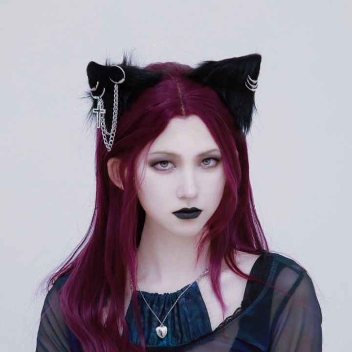 unisex-gothic-lolita-cosplay-cat-ears-hairpin-พร้อมโซ่โลหะอะนิเมะอุปกรณ์เสริม-punk-black-plush-horns-fox-ears-headband