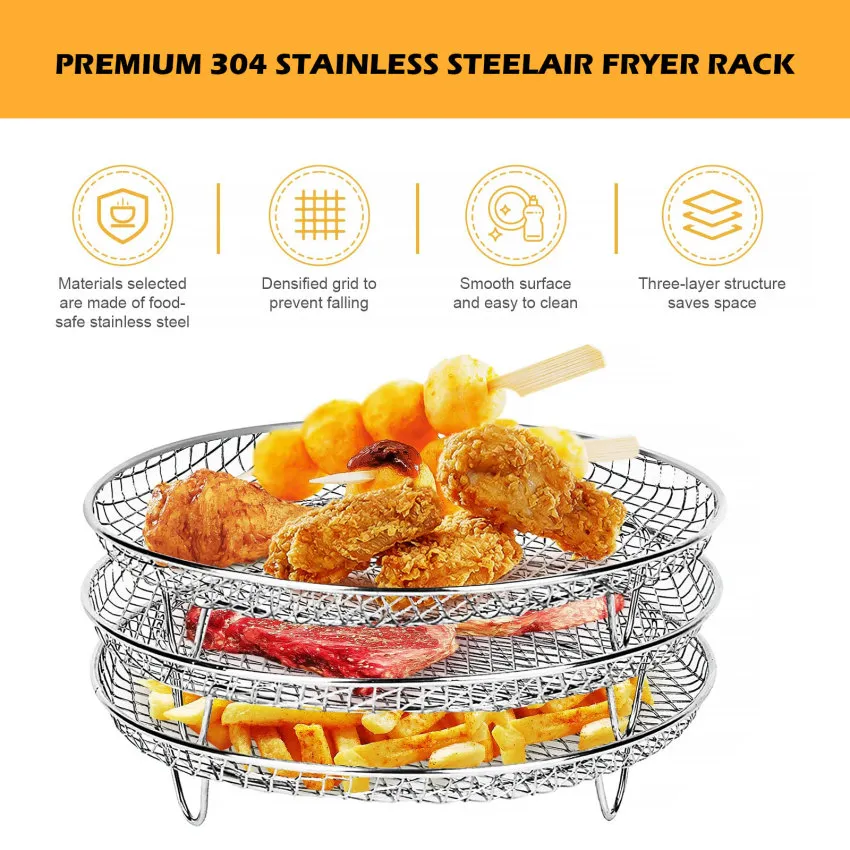 Deepened Air Fryer Rack 3 Pcs For , Stackable Round Air Fryer Accessories,  304 Stainless Steel Multi-layer Dehydrator Rack, Compatible With 4.8l-6.6l