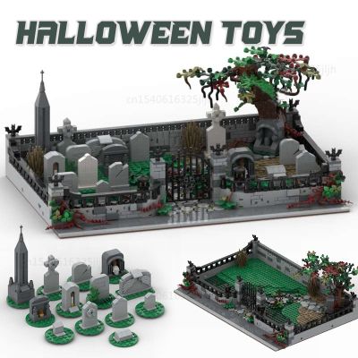 MOC Halloween Cemetery Building Block Tombstone Bricks Model City Accessories Trees Plants Flowers Haunted Toys For Children