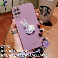 เคส JieFie สำหรับ OPPO A54 / A55 / A57 / A53 / A52 / A96 / A95 / A94 / A93 / A92 / A91/A77ดอกไม้ประดับเพชรเคสโทรศัพท์กระต่ายที่โครเมี่ยมสุดหรูฝาครอบโทรศัพท์ TPU นุ่มมีสีสัน + สายคล้องมือ