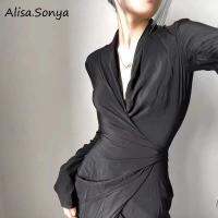 Alisa.sonya แขนยาวผ้าฝ้าย Tencel ผู้หญิงเสื้อไม่สม่ำเสมอด้านข้างหัวเข็มขัดเกาหลีแฟชั่นเสื้อหลวมๆสำหรับผู้หญิง