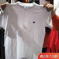 เสื้อยืดแชมป์เปี้ยนแขนสั้นผู้หญิงรุ่นพื้นฐานปักลายรูปตัว C ตัวเล็กเวอร์ชันญี่ปุ่นสีทึบ