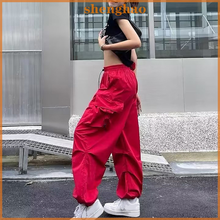shenghao-กางเกงคาร์โก้วินเทจกระเป๋ามีเชือกรูดเอวสูงสตรีทแวร์ฮาราจูกุกางเกงขายาวขากว้างกางเกงแฟชั่นเกาหลี-y2k