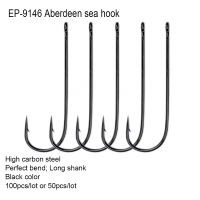 Eupheng 100pcs Or 50pcs EP-9146 Aberdeen Sea Long Shank Sports Fishing Hook Black Color Fish Hooks Wide Gape Fishing Hook