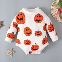 [COD] Boys and girls autumn winter long-sleeved round neck pumpkin one-piece romper baby climbing clothes ins