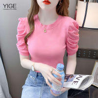 YIGE เสื้อยืดสีขาวแขนพองสไตล์ใหม่ของผู้หญิง,เสื้อเบลาส์แฟชั่นเกาหลีสำหรับฤดูร้อน