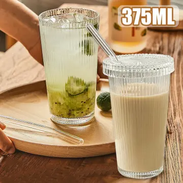 375ml Simple Stripe Glass Cup With Lid And Straw Transparent Bubble Tea