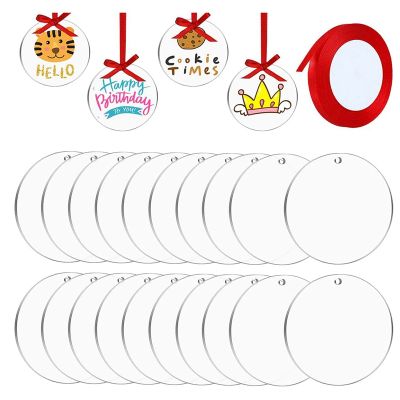 20 Pieces Acrylic Clear Blanks Transparent Tag Discs Blanks for DIY Crafts Keychain Decoration with Ribbon